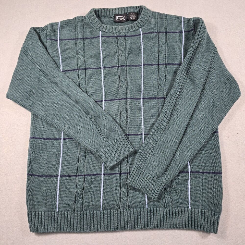Haggar Men's XL Green Crewneck Pullover Knit Sweater Blue White Stripes Cotton